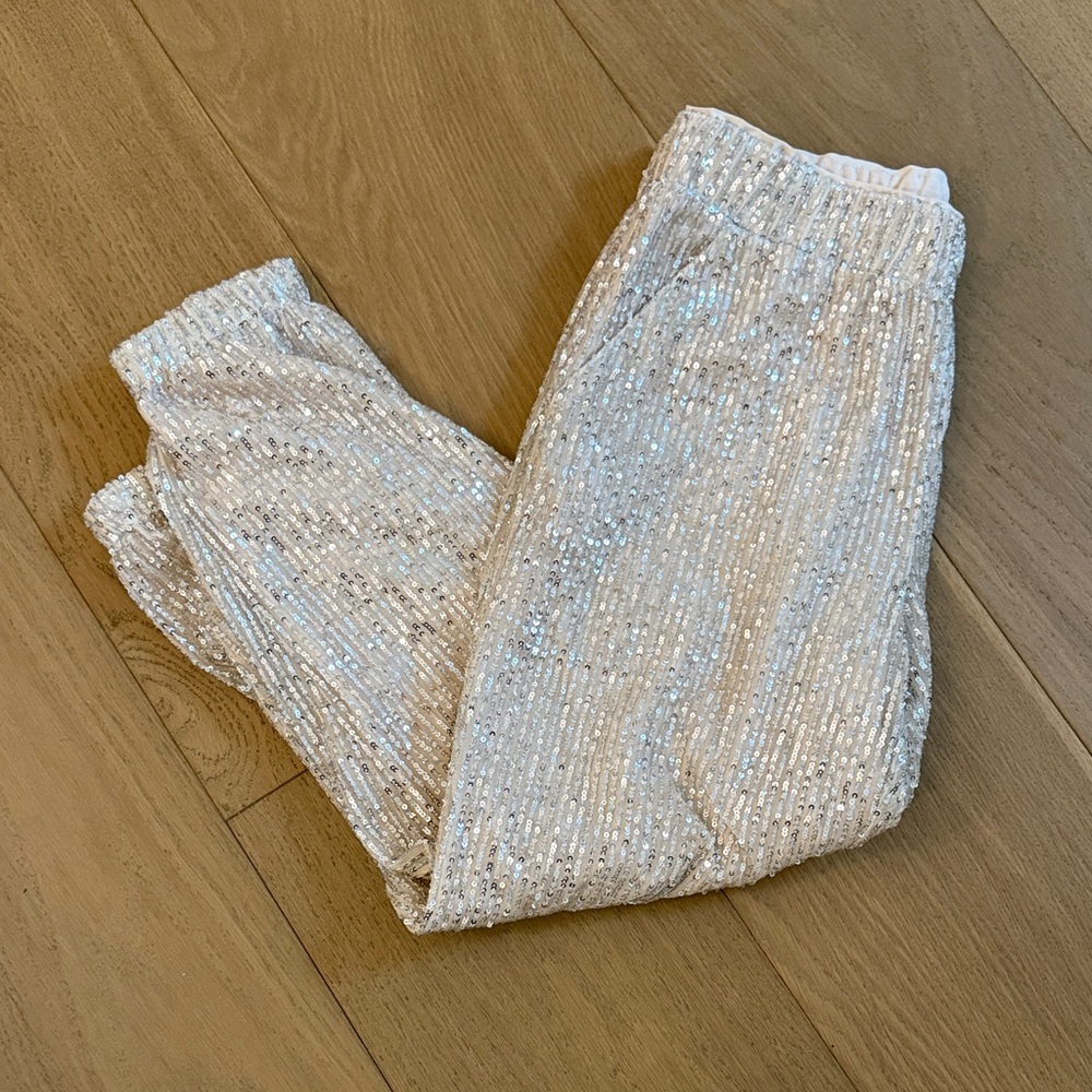 LOFT Cream pants with Silver Sequin Joggers